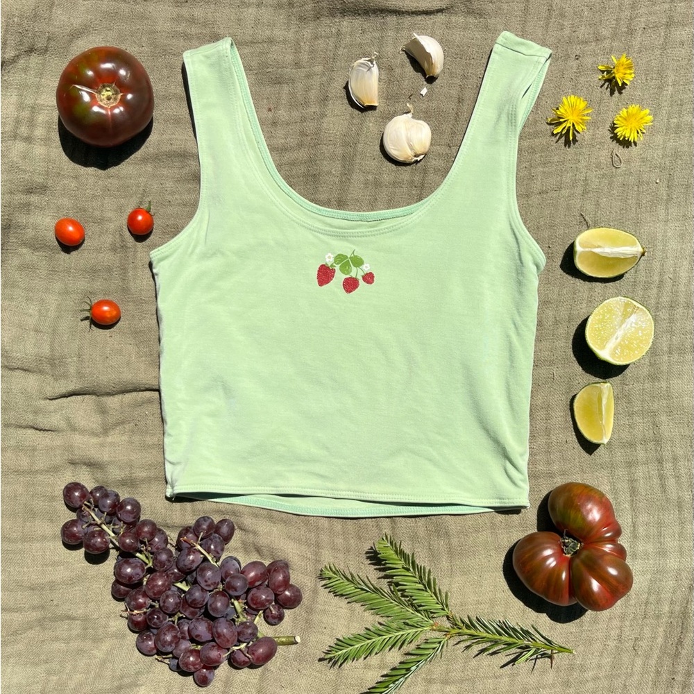 Mint Green Crop Top with Strawberry Embroidery